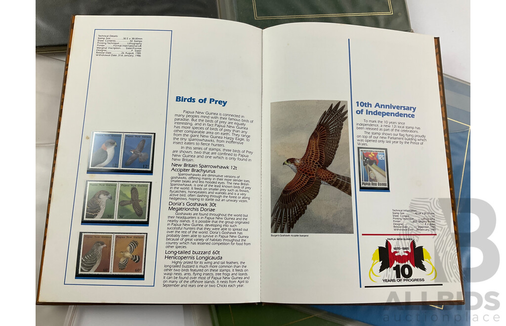 Two Australian Annual Stamp Albums 1984 and 1985 - Face Value $49 with Three Papua New Guinea Albums 1985, 1986, 1987