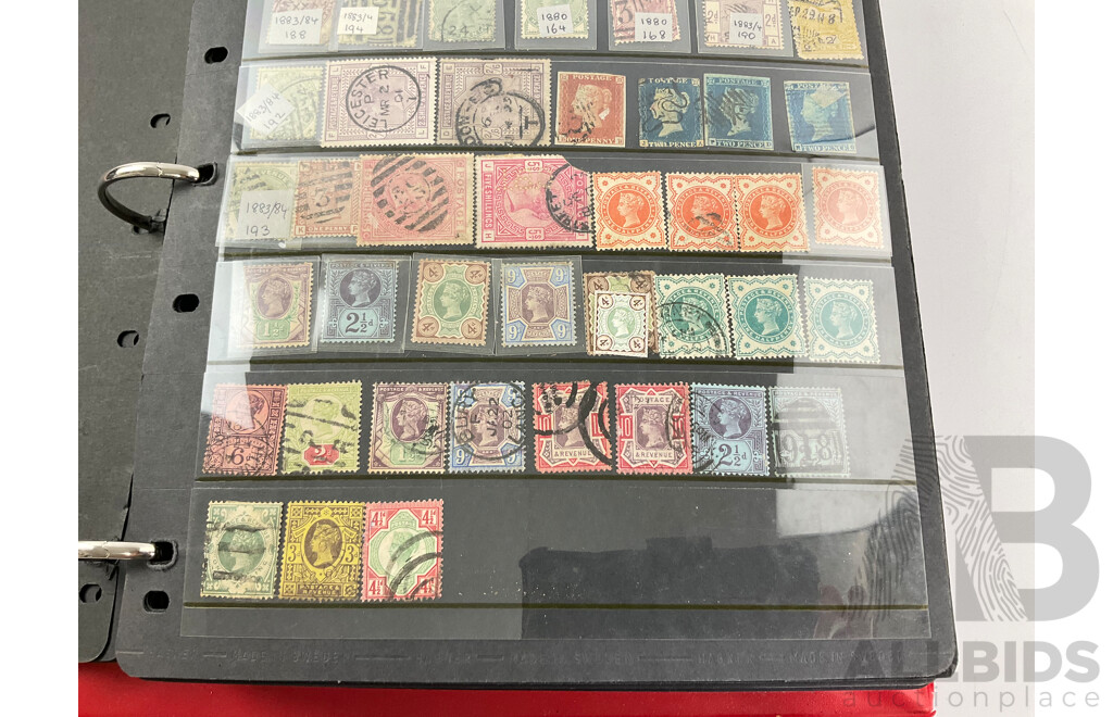 Album of United Kingdom Stamps, Examples Spanning 1860's to 2000, QV, KEVII, KGV, KGVI, QE2, Penny Red, Penny Blues, Commonwealth Countries, Churchill, Sets