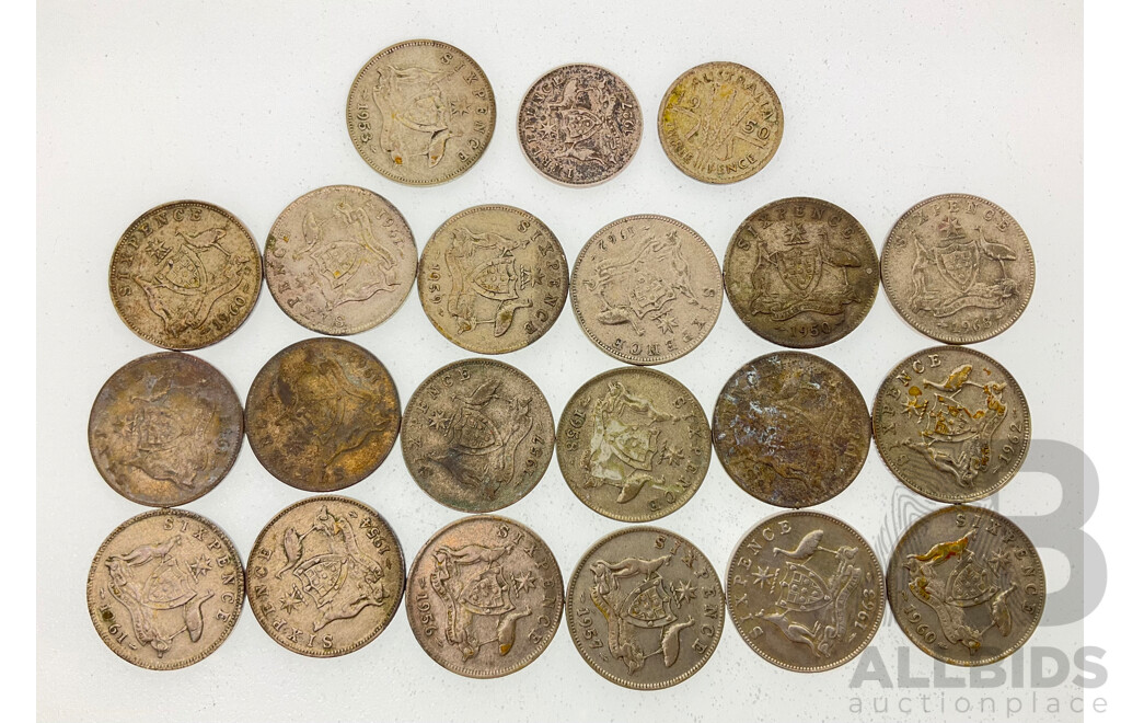 Nineteen Australian Silver Sixpence, Examples Spanning 1950 to 1963 and Two Silver Threepence 1927 and 1950