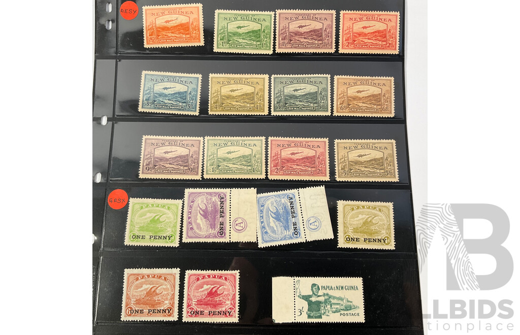 Collection of Vintage Mint, Mint/Hinged Stamps Including Papua, Territory of New Guinea Over Prints, Australian Pre Decimal, Australian Antarctic Territory Pre Decimal, Papua New Guinea, Norfolk Island
