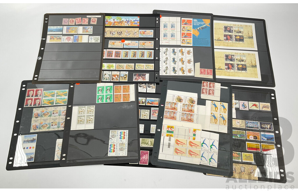 Collection of Australian, Mostly Mint Stamp Blocks Spanning Predecimal to 1990's Including Birds Set, Vintage Vehicles Set, Waltzing Matilda, Sentemental Bloke, Painting Series Four Dollar Tom Roberts and Hans Heysen Two Dollar Block
