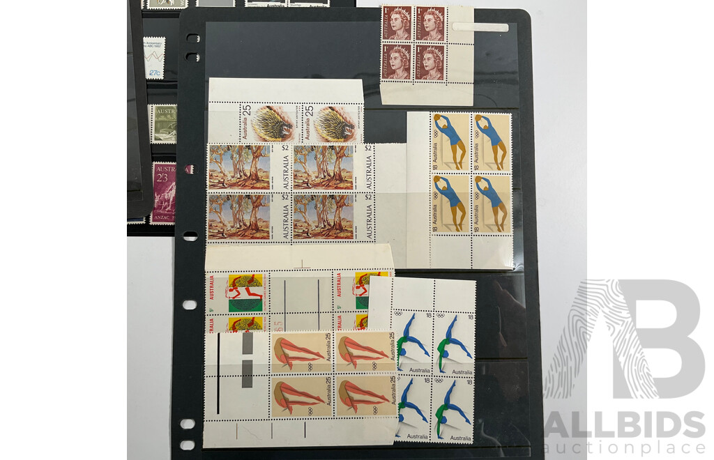 Collection of Australian, Mostly Mint Stamp Blocks Spanning Predecimal to 1990's Including Birds Set, Vintage Vehicles Set, Waltzing Matilda, Sentemental Bloke, Painting Series Four Dollar Tom Roberts and Hans Heysen Two Dollar Block