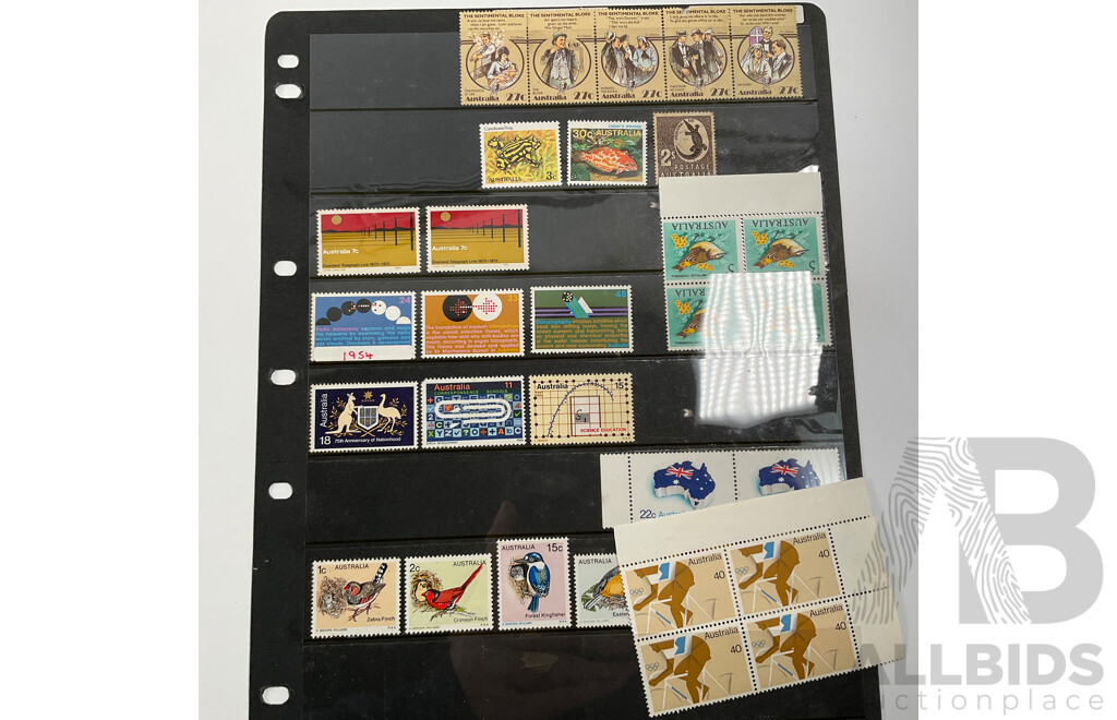 Collection of Australian, Mostly Mint Stamp Blocks Spanning Predecimal to 1990's Including Birds Set, Vintage Vehicles Set, Waltzing Matilda, Sentemental Bloke, Painting Series Four Dollar Tom Roberts and Hans Heysen Two Dollar Block