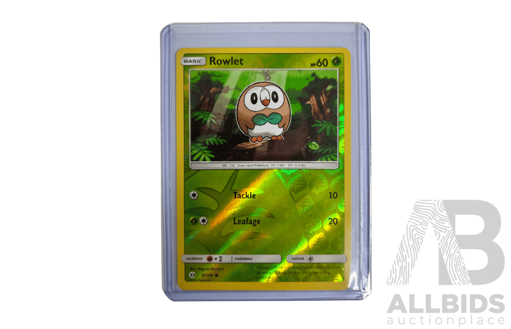 Rowlet Reverse-Holo Pokémon Card with Vibrant Green Foil Finish.