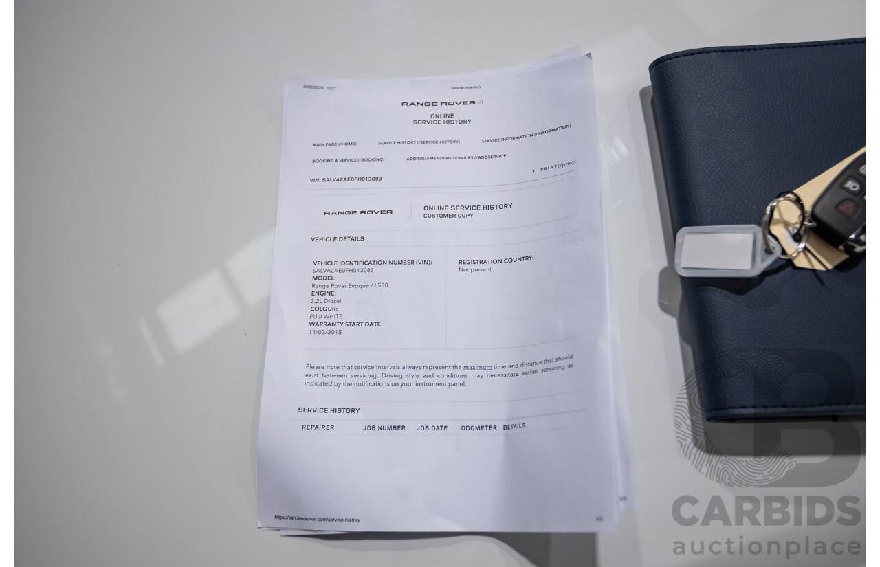 01/2015 Range Rover Evoque SD4 Dynamic (AWD) LV MY15 5D Wagon Fuji White Turbo Diesel 2.2L