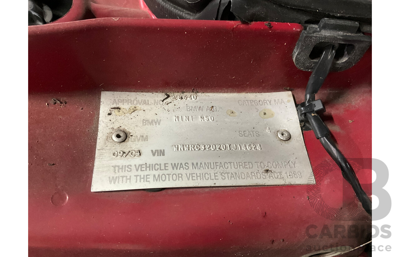 9/2004 Mini Cooper Chilli R50 2d Hatchback Chili Red/Pepper White Roof 1.6L