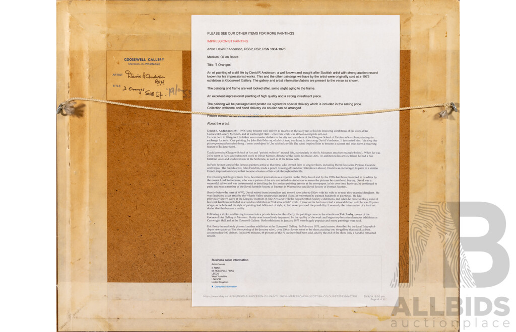 David R. Anderson, (19/20th Centuries, Scottish, 1884-1976), Still Life - 3 Oranges (1973), Absolutely Wonderful Original Oil on Canvas Board, 34 x 41 cm (frame)