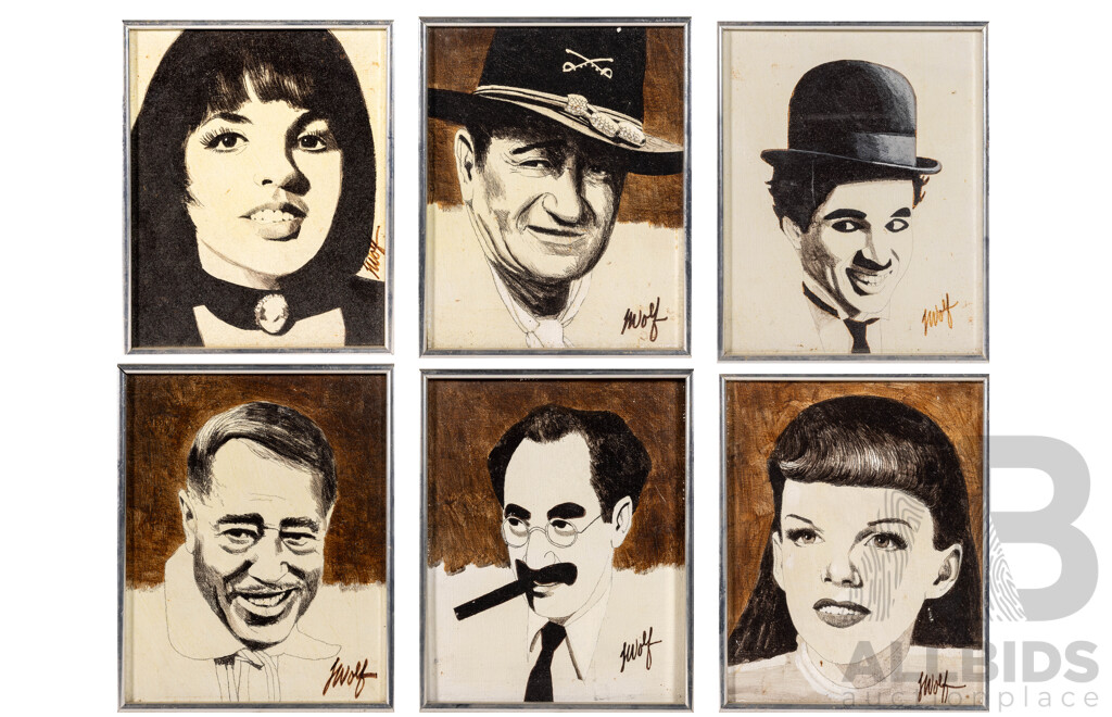 (Possibly) J. Wolf, (20th Century), John Wayne, Liza Minnelli, Judy Garland, Charlie Chaplin, Groucho Marx & Cab Calloway, Set of Six Vintage Miniature Original Portraits, Ink & Oil on Canvas, 26 x[ 21 cm (approx frames) (6)