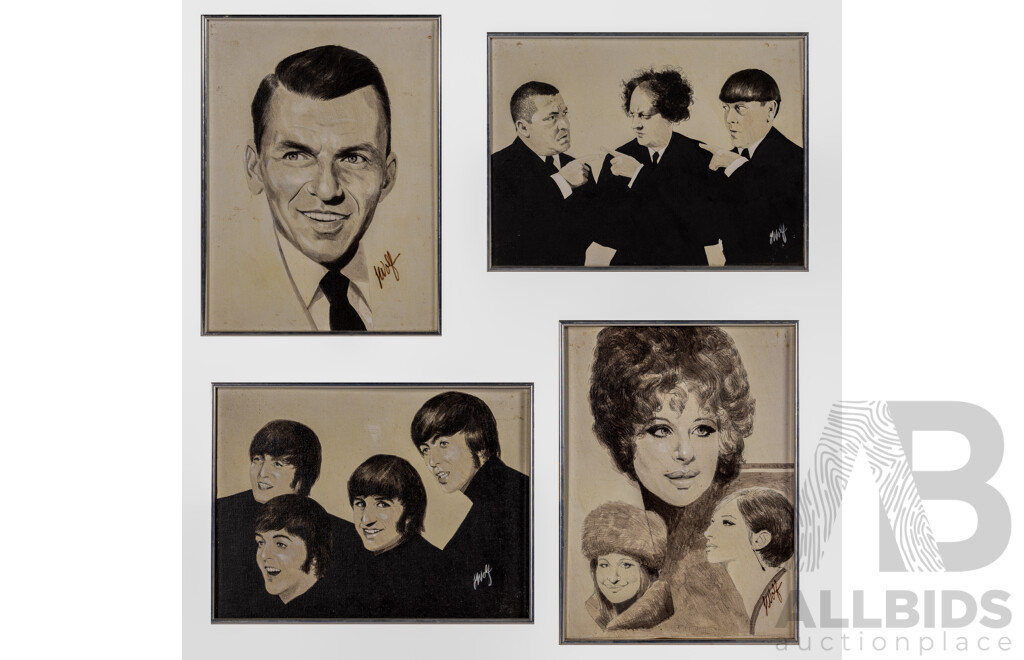 (Possibly) J. Wolf, (20th Century), Frank SInatra, Barbra Streisand, The Beatles & The Three Stooges, Quattro of Vintage Original Portraits, Ink & Oil on Canvas, 40 x 30 cm & 30 x 40 cm (approx Frames) (4)
