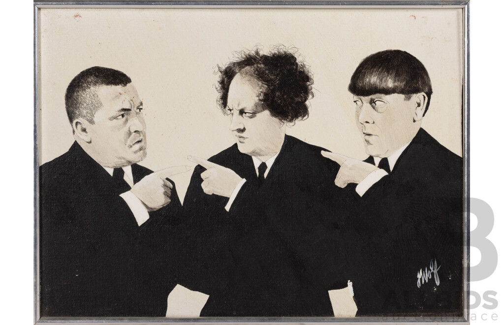 (Possibly) J. Wolf, (20th Century), Frank SInatra, Barbra Streisand, The Beatles & The Three Stooges, Quattro of Vintage Original Portraits, Ink & Oil on Canvas, 40 x 30 cm & 30 x 40 cm (approx Frames) (4)