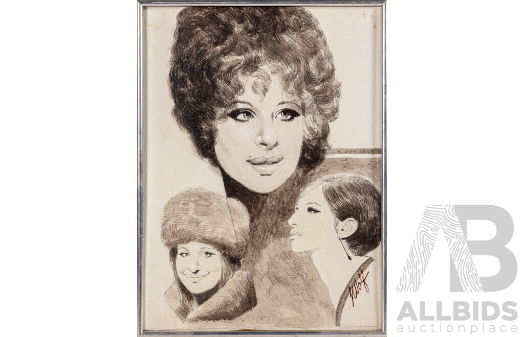 (Possibly) J. Wolf, (20th Century), Frank SInatra, Barbra Streisand, The Beatles & The Three Stooges, Quattro of Vintage Original Portraits, Ink & Oil on Canvas, 40 x 30 cm & 30 x 40 cm (approx Frames) (4)