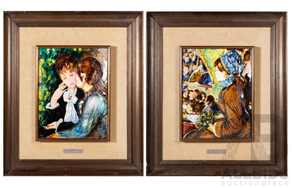 After Pierre-Auguste Renoir (19/20th C., French, 1841-1919), First Outing (c1876-77) & Two Best Friends (c1875-1878), Lovely Pair of Mixed Media 3d Enamel and Tile After the Originals, 50 x 43 cm (frames) (2)