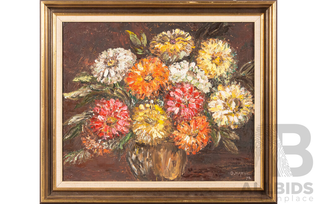 D. Myers (20th Century, Working 1970s), Still Life - Bright Posy, Original Vintage Acrylic on Board, 47 x 55 cm (frame)