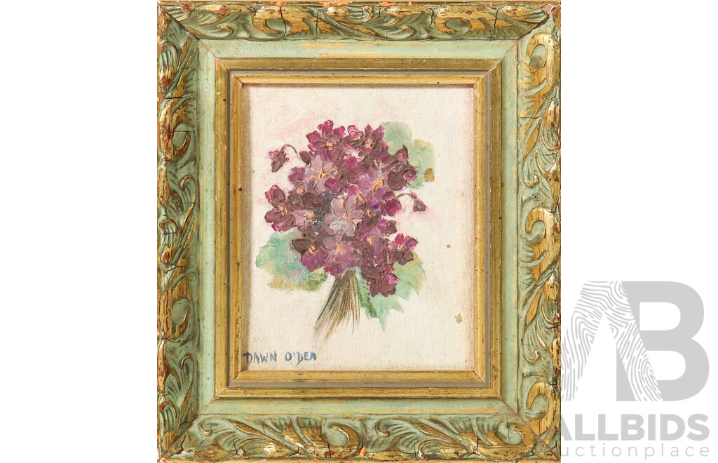 Dawn O'Dea (20th Century, Australian, 1931--1977), Violets, Wonderful Vintage Original Oil on Canvas, 22 x 19 cm (frame)