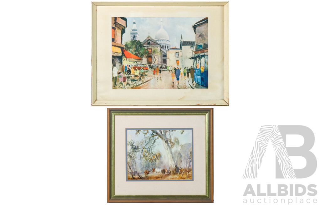 Artists Unknown, Cows Grazing and Street Scene, Pair of Vintage Framed Prints, 32 x 43 cm (larger frame) (2)