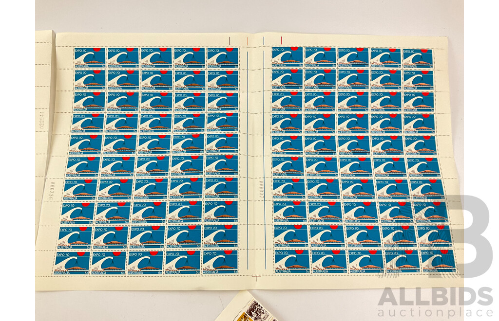 Collection of Australian Mint Stamp Sheets, Blocks and Gutters, Examples Spanning 1960's 70's and 80's, Two Dollar Painting Series, 1970 Expo, Waltzing Matilda