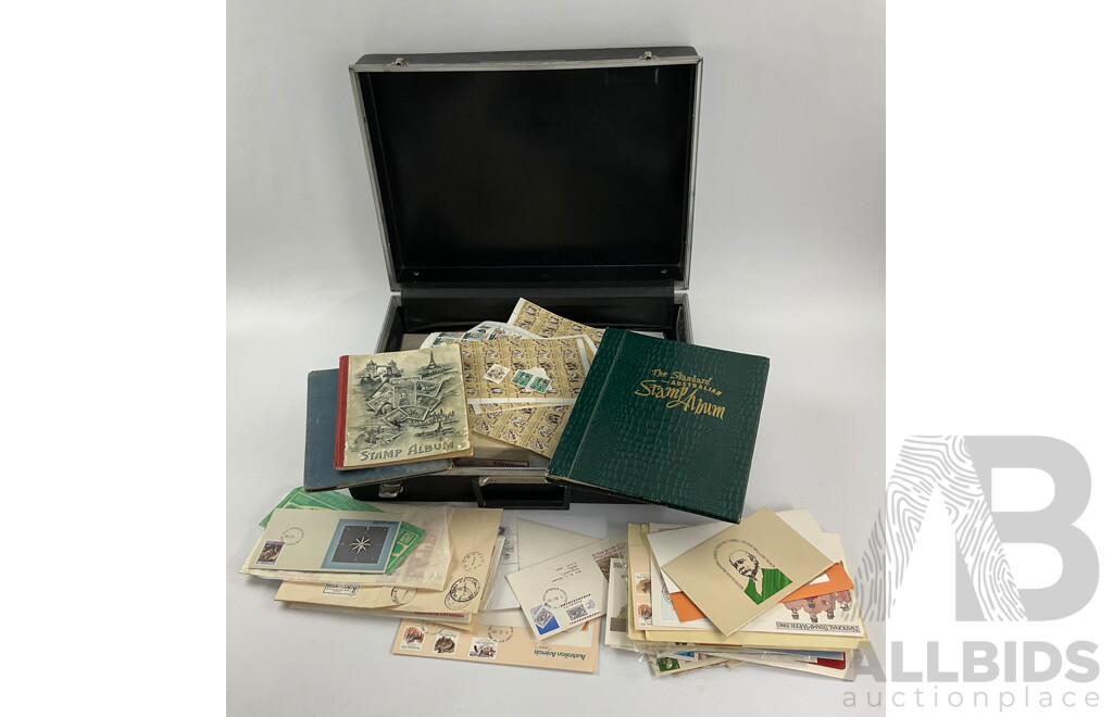 Three Vintage Stamp Albums Including Australian Seven Seas Junior, Mint Sheets, Universal Illustrated, Vintage Australian Stamp Packs and First Day Covers and Briefcase