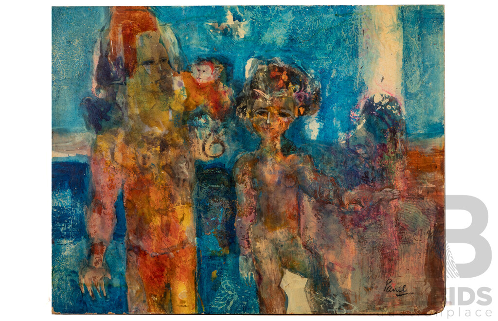 John Paul (20th Century), Girl with Guardian, Unique Vintage Mixed Media Oil on Wood Panel, 47 x 60 cm