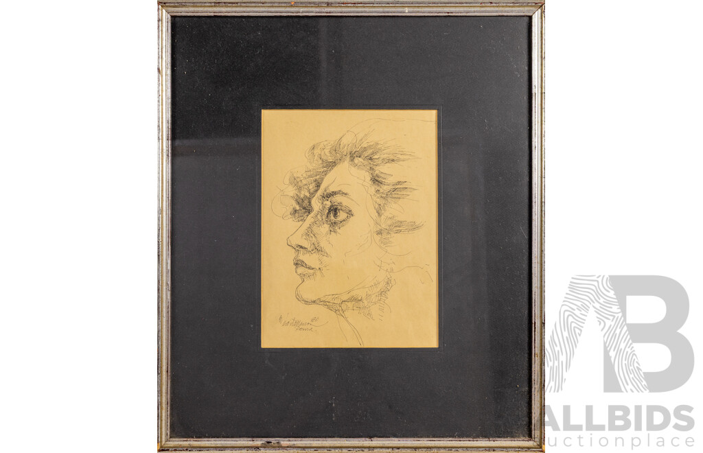Signed Indistinctly, (20th Century), Side Portrait (1980), Original Ink Sketch, 58 x 50 cm (frame)