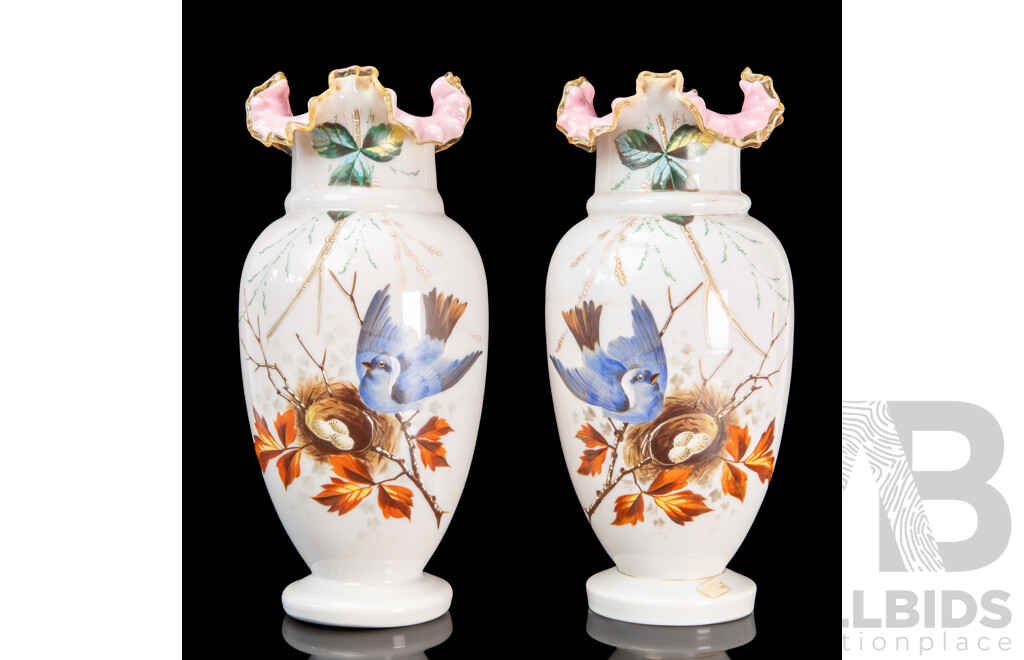 Pair of Victorian Hand Painted Glass Vases with Bluebirds