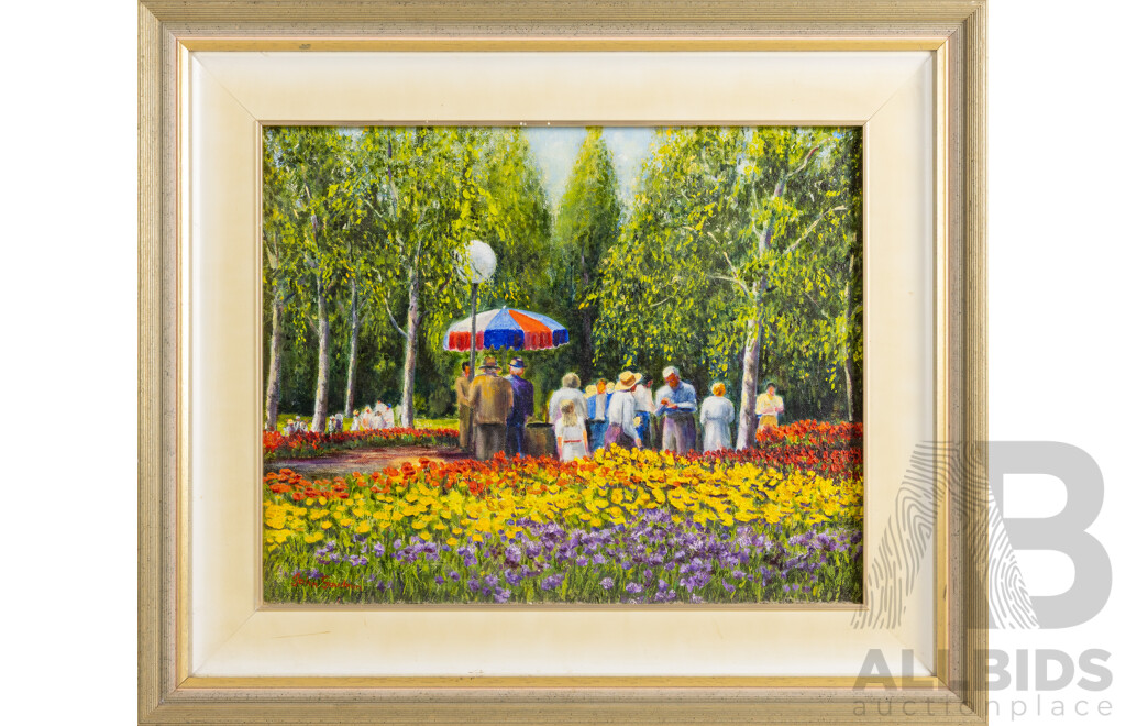 John Gaudron, (20th Century, Australian), Floriade, Canberra (1993), Original Acrylic on Canvas Board, 60 x 70 cm (frame)