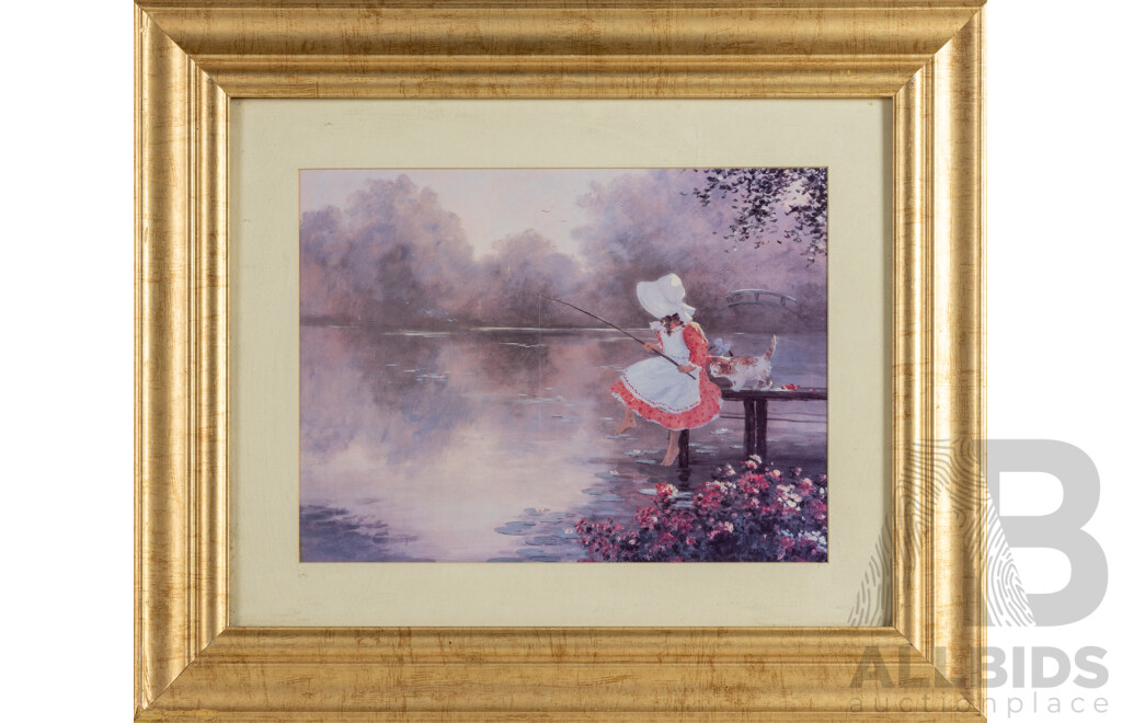 Artist Unknown, (20th Century) Girl Fishing with Cat, Sweet Colour Reproduction Print, 55 x 65 cm (frame)