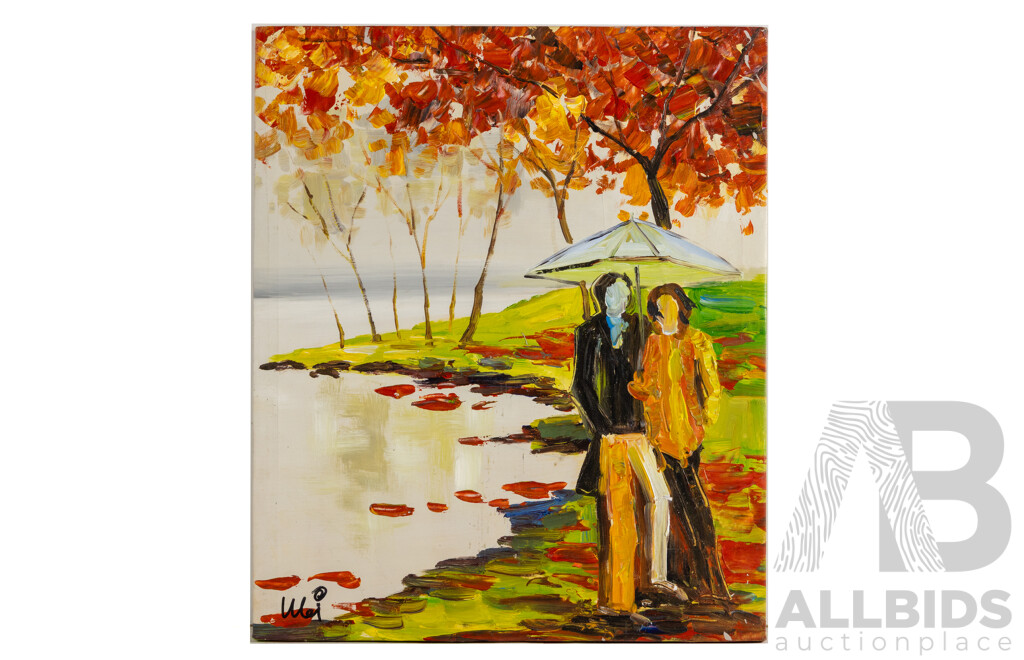 Mei, (20th Century), Couple Strolling in the Rain, Contemporary Acrylic on Canvas, 60 x 50 cm