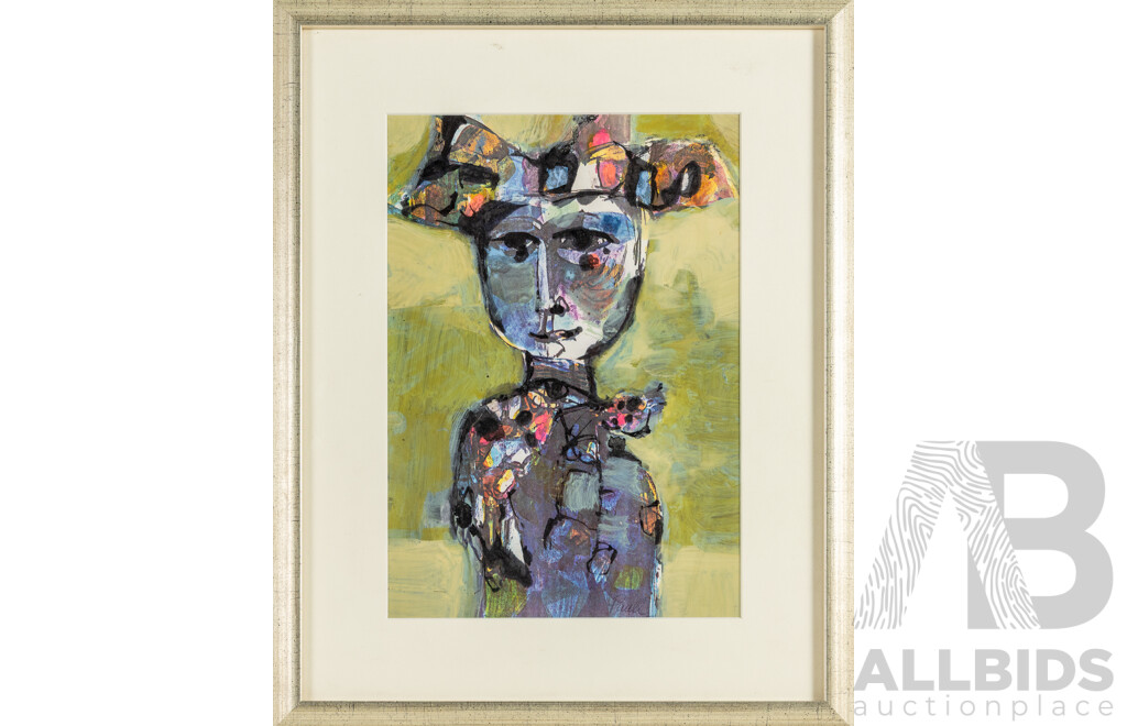 John Paul (20th Century, Working c1960s), Portrait with Hat, Reproduction Colour Vintage Print After Original Watercolour, 34 W x 43 H cm (frame)
