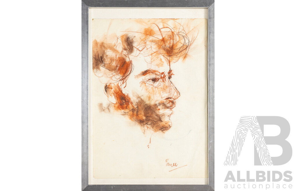 John Paul (20th Century, Working C1960s), Possible Self Portrait?, Original Crayons on Paper Sketch, 25 W x 35 H cm (frame)