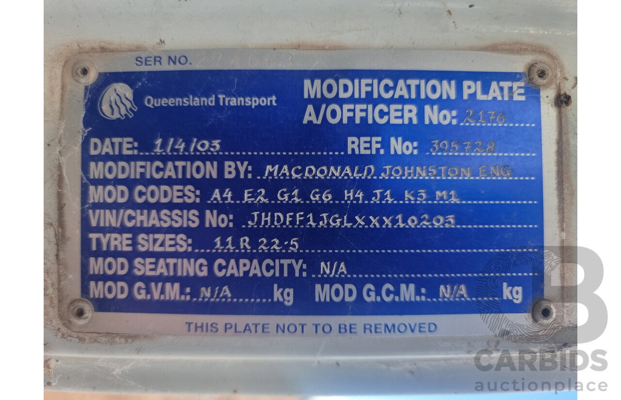 12/2002, Hino FF1J - 6 Cylinder Diesel, Dual Control 770 Cyclone Street Sweeper