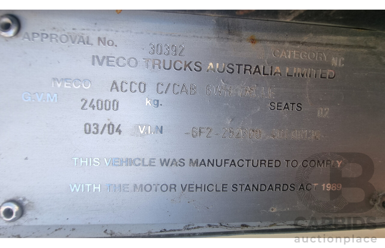 03/2004, IVECO Acco C/Cab 6WH DC LE 2350G ISC Cummins 12,000L Water Cart
