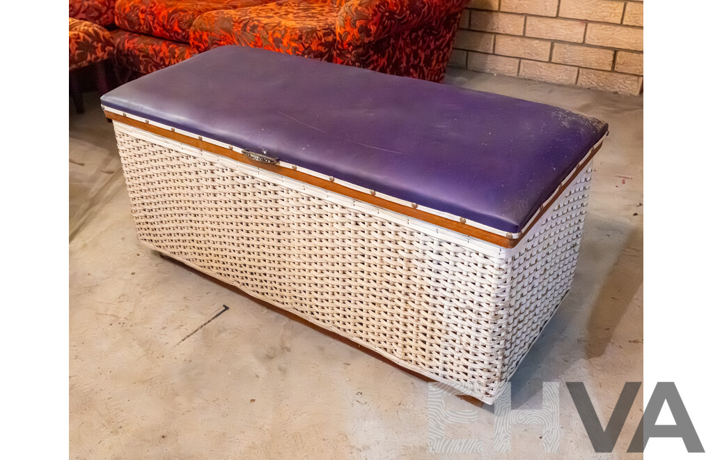 White Rattan Chest/Glory Box with Purple Vinyl Cushioned Top