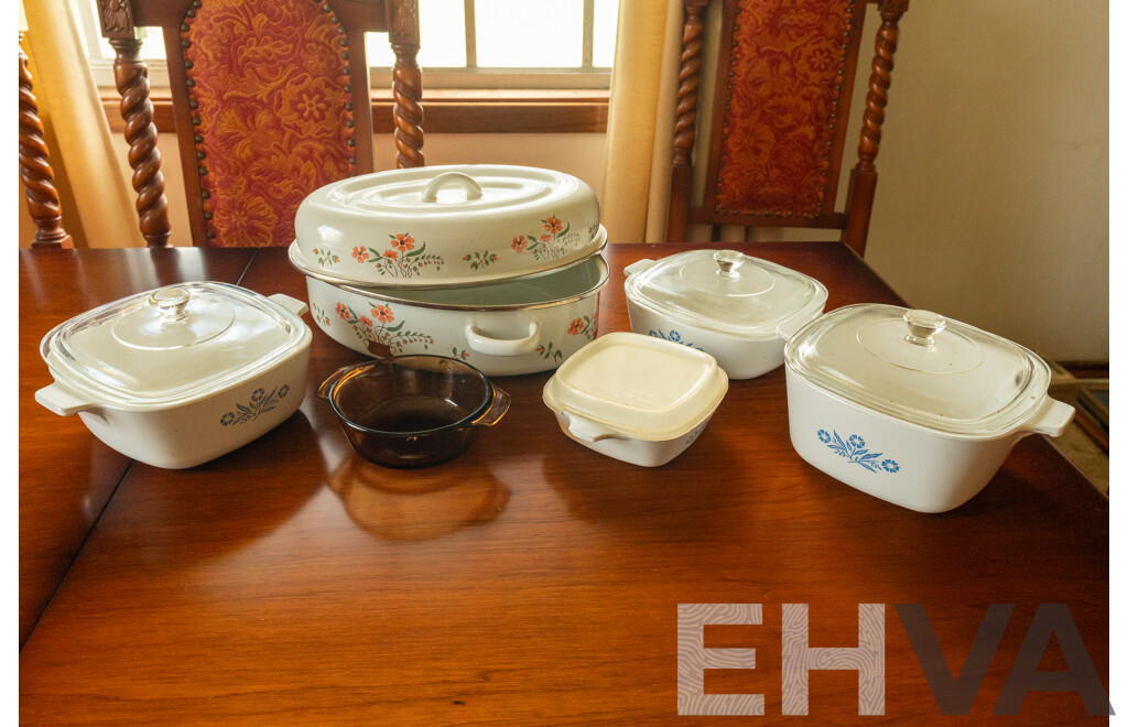 Assorted Job Lot - Ceramic Corning Ware, Glass Pie Dish, Enamel Floral Roasting Pan ETC