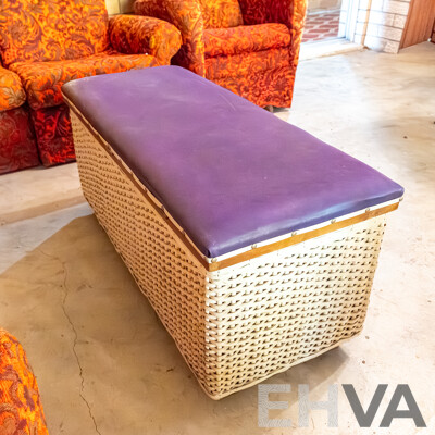 White Rattan Chest/Glory Box with Purple Vinyl Cushioned Top