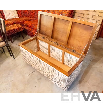 White Rattan Chest/Glory Box with Purple Vinyl Cushioned Top