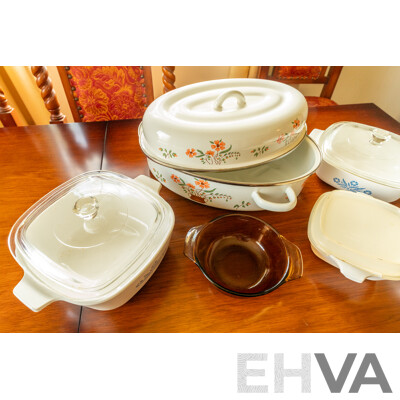 Assorted Job Lot - Ceramic Corning Ware, Glass Pie Dish, Enamel Floral Roasting Pan ETC