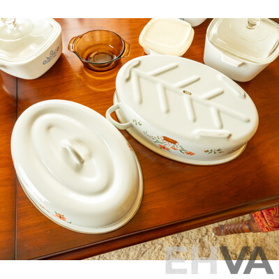 Assorted Job Lot - Ceramic Corning Ware, Glass Pie Dish, Enamel Floral Roasting Pan ETC