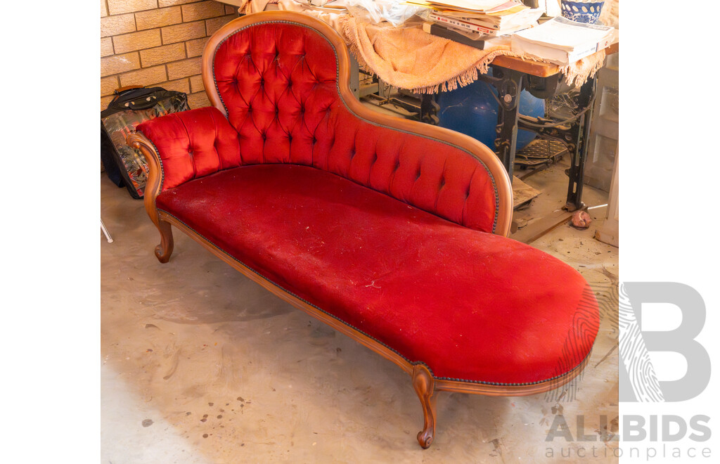 Lady in Red Victorian Style Mahogany Maroon Velour Button Backed Chaise Lounge
