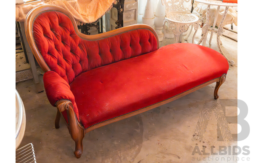 Lady in Red Victorian Style Mahogany Maroon Velour Button Backed Chaise Lounge
