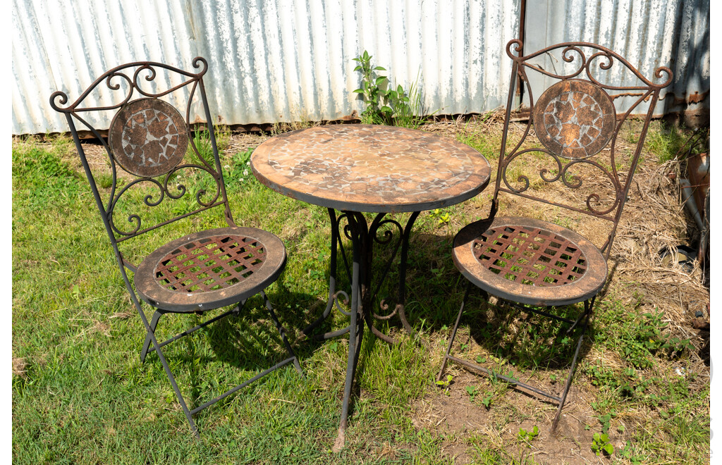 3 Piece Cast Iron Outdoor Setting with Terracotta Tiled Mosaic Style Round Table Top