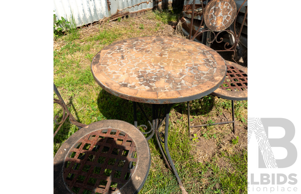 3 Piece Cast Iron Outdoor Setting with Terracotta Tiled Mosaic Style Round Table Top