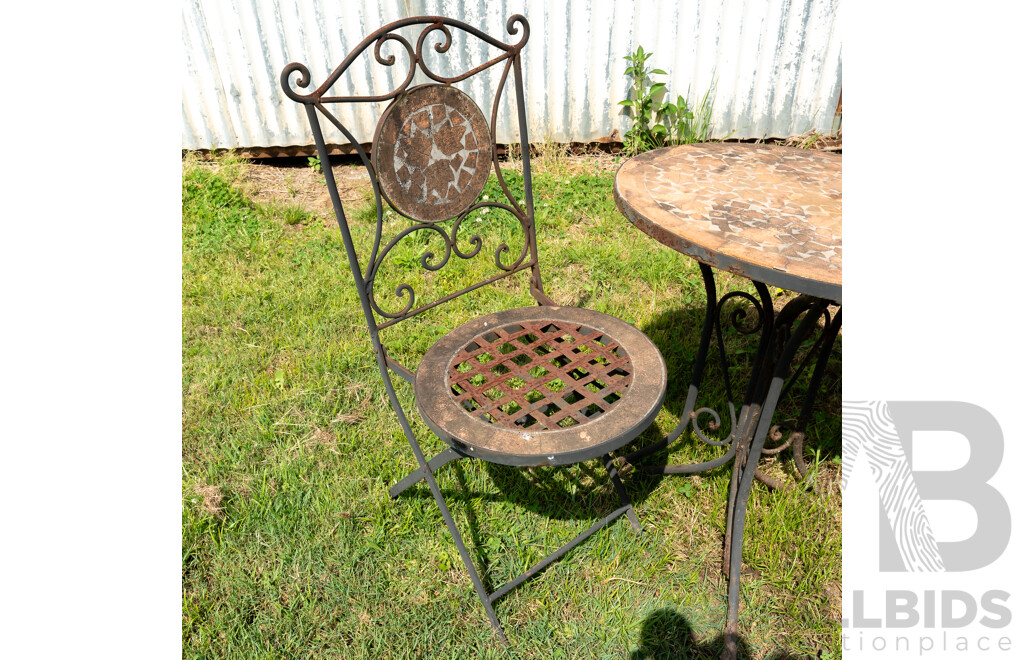 3 Piece Cast Iron Outdoor Setting with Terracotta Tiled Mosaic Style Round Table Top