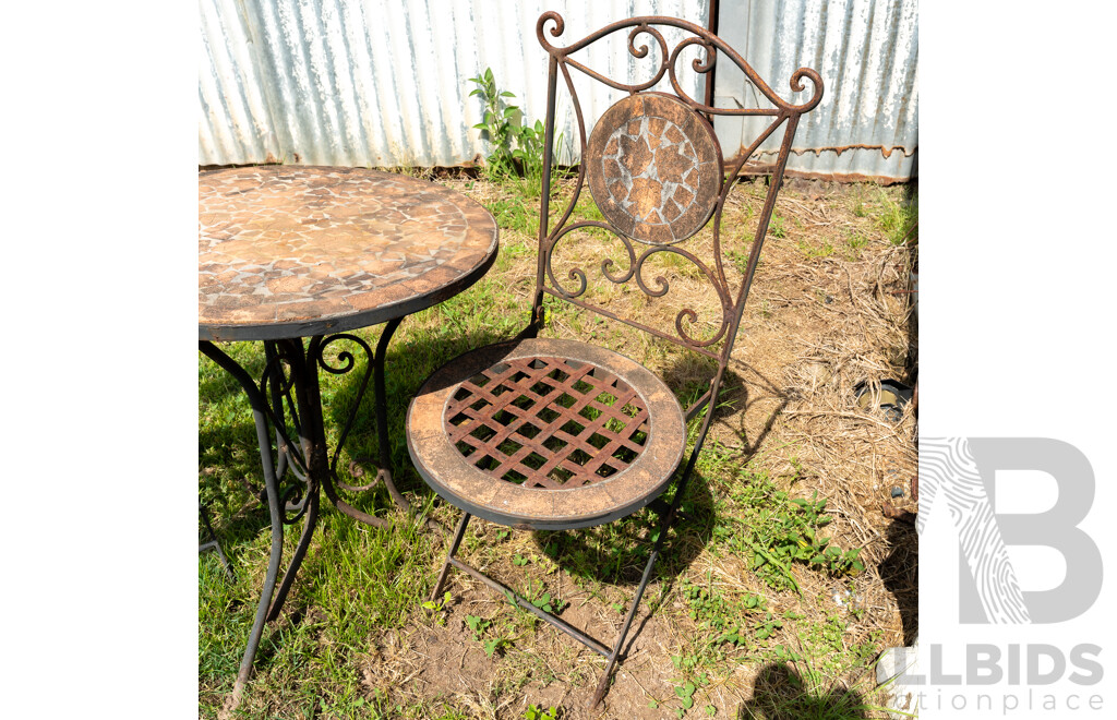 3 Piece Cast Iron Outdoor Setting with Terracotta Tiled Mosaic Style Round Table Top
