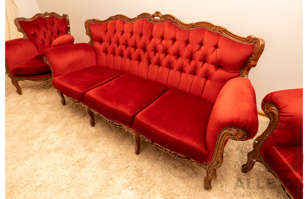 Lady in Red Victorian Style Maroon Velour Button Backed 3 Seater Lounge & 2 Matching Single Seater Arm Chairs