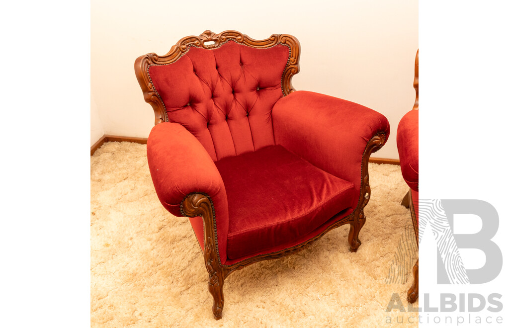 Lady in Red Victorian Style Maroon Velour Button Backed 3 Seater Lounge & 2 Matching Single Seater Arm Chairs
