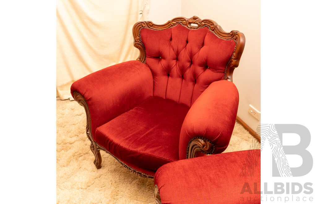 Lady in Red Victorian Style Maroon Velour Button Backed 3 Seater Lounge & 2 Matching Single Seater Arm Chairs