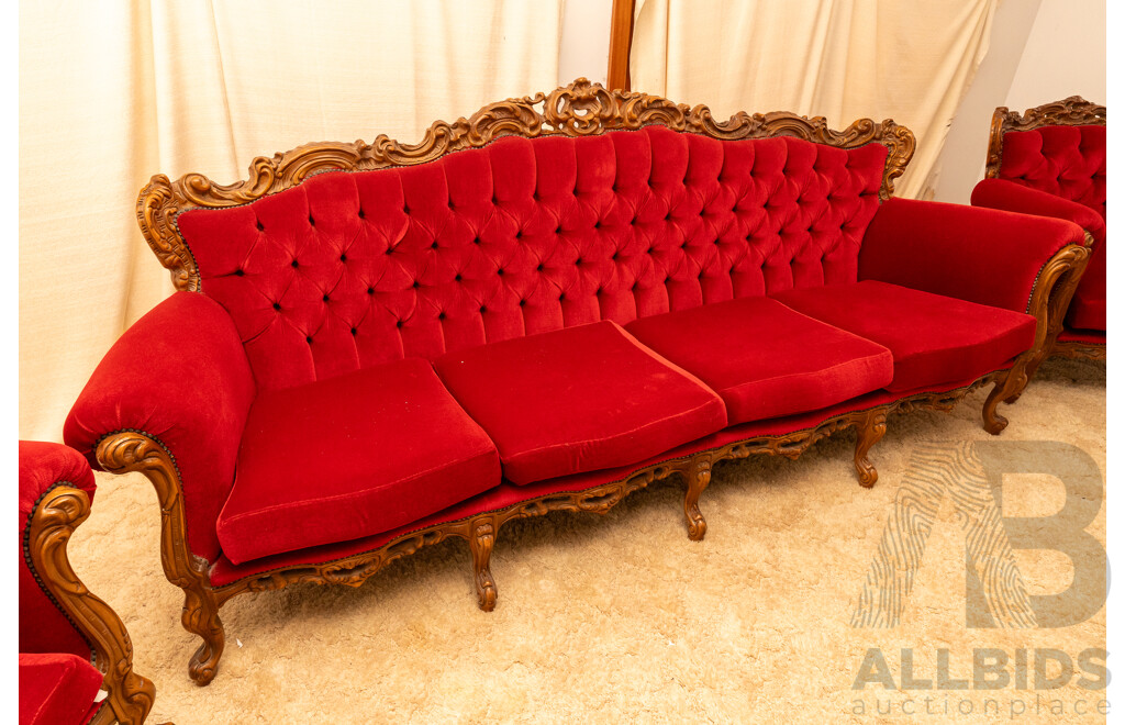 Lady in Red Victorian Style Maroon Velour Button Backed 4 Seater Lounge & 2 Matching Single Seater Arm Chairs