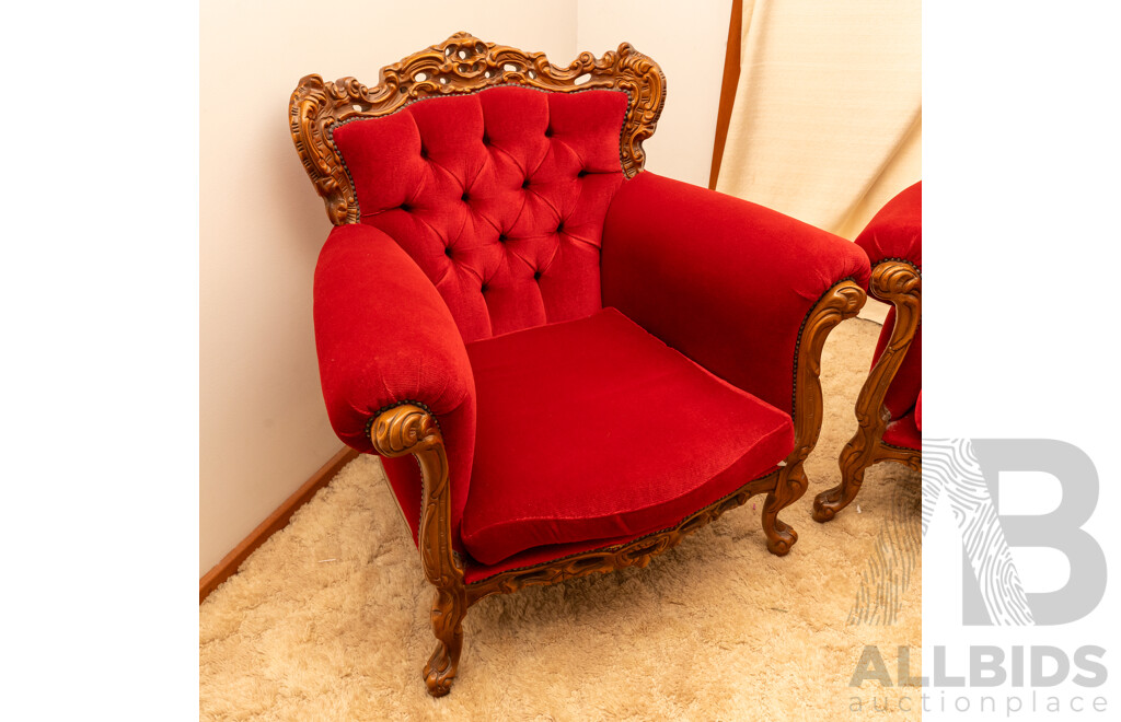 Lady in Red Victorian Style Maroon Velour Button Backed 4 Seater Lounge & 2 Matching Single Seater Arm Chairs
