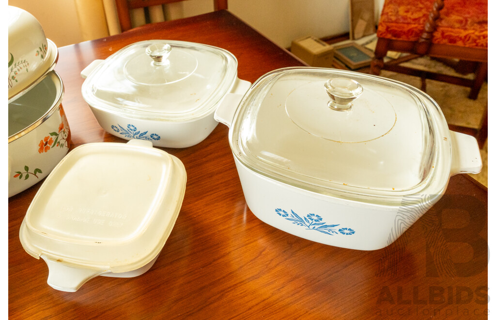 Assorted Job Lot - Ceramic Corning Ware, Glass Pie Dish, Enamel Floral Roasting Pan ETC