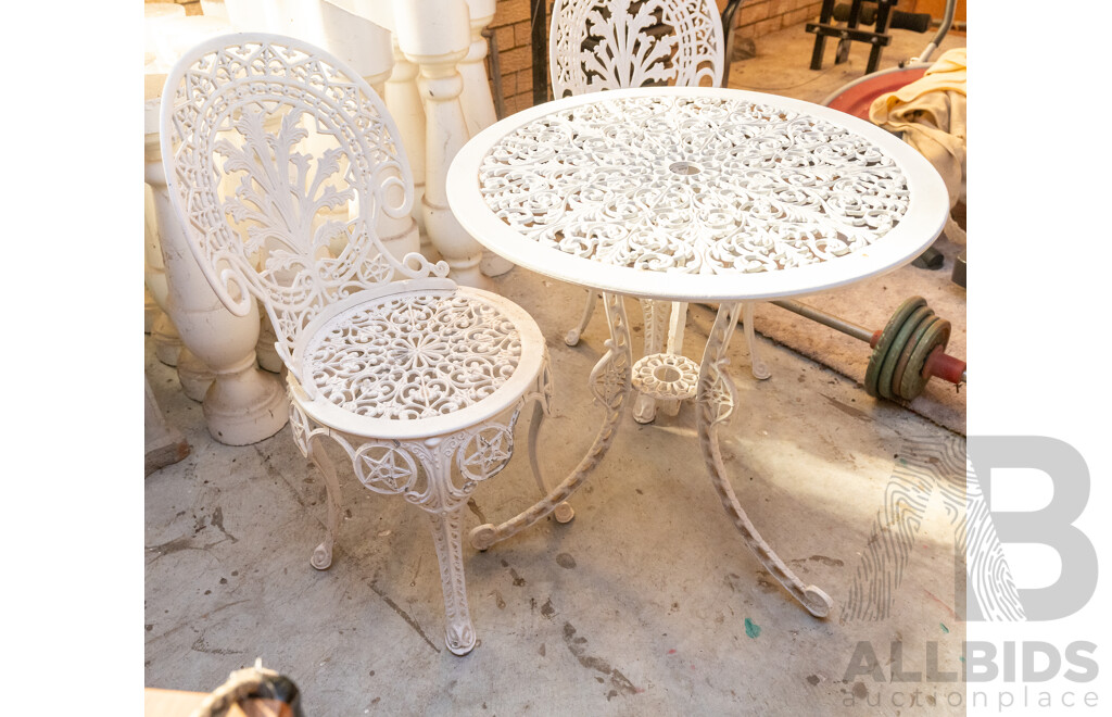 3 Piece White Cast Iron Victorian Style Round Outdoor Table Setting